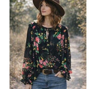 Cabi Thespian Blouse Midnight Flowers Women's Size XL Sheer NWT Whimsical Boho